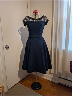 Tatyana Navy Blue Fit-and-Flare Midi Dress with Lattice Yoke Size Medium